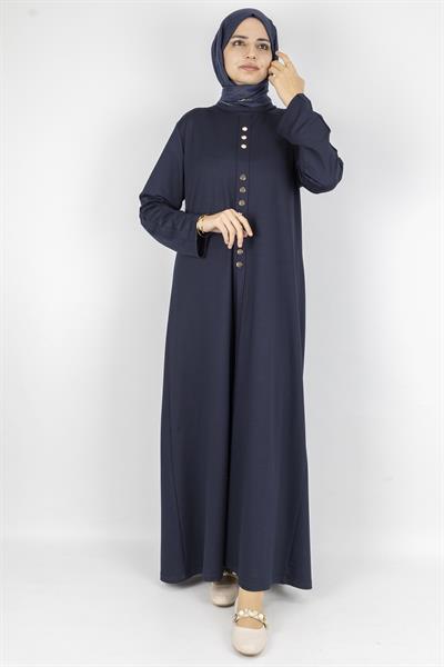 Düz Renk Modern Stil Düğmeli Tesettür Elbise Lacivert OTW2205