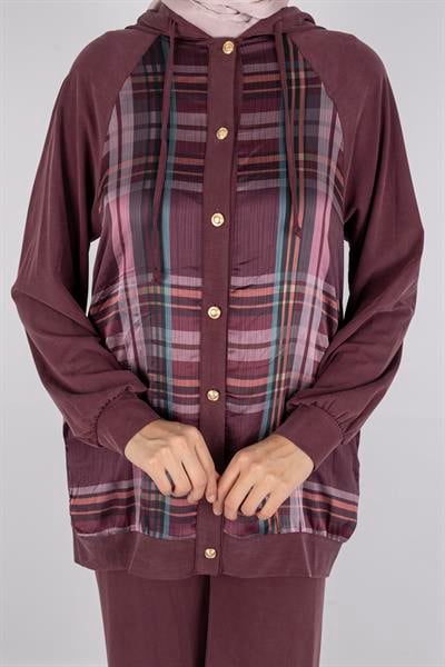 Ekose Desenli Düğmeli Üçlü  Takım Bordo OTW8568