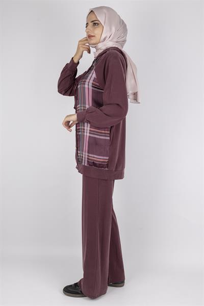 Ekose Desenli Düğmeli Üçlü  Takım Bordo OTW8568