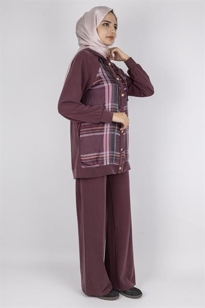 Ekose Desenli Düğmeli Üçlü  Takım Bordo OTW8568