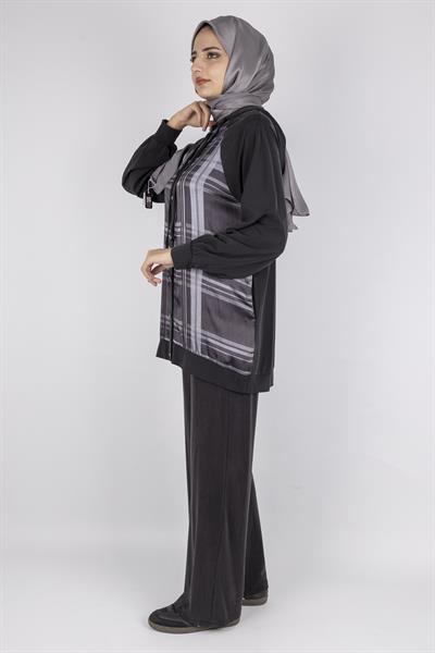 Ekose Desenli Düğmeli Üçlü  Takım Siyah OTW8568