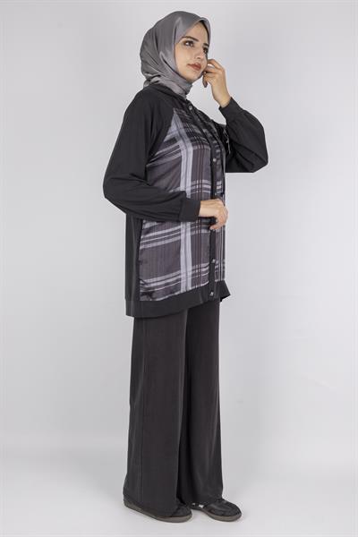 Ekose Desenli Düğmeli Üçlü  Takım Siyah OTW8568