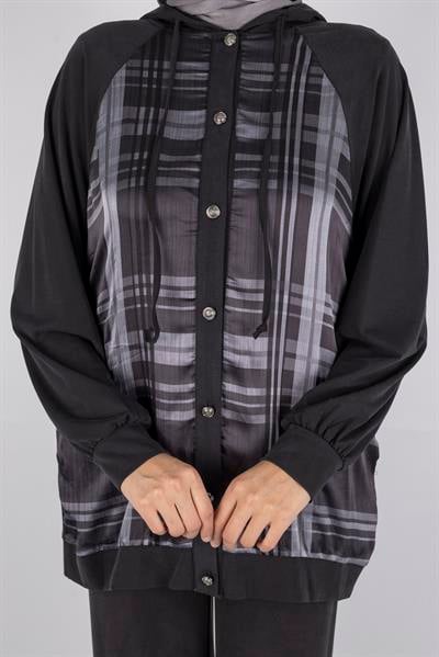 Ekose Desenli Düğmeli Üçlü  Takım Siyah OTW8568