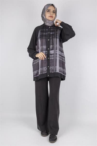 Ekose Desenli Düğmeli Üçlü  Takım Siyah OTW8568