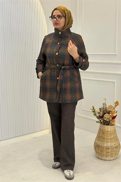 Ekose Kapitone Ceket Pantolon Takım Kahve OTW8592