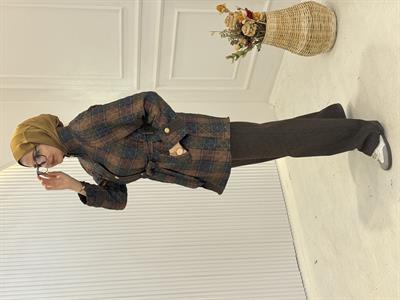 Ekose Kapitone Ceket Pantolon Takım Kahve OTW8592