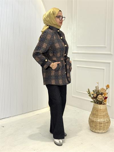 Ekose Kapitone Ceket Pantolon Takım Mavi OTW8592