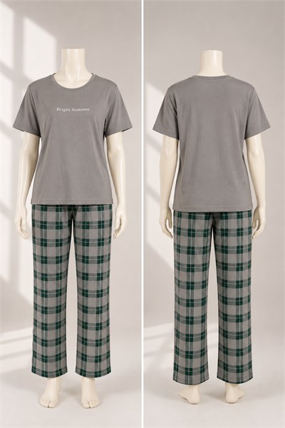 Ekose Pantolonlu Kısa Kollu Pijama Takımı Gri OTW50502