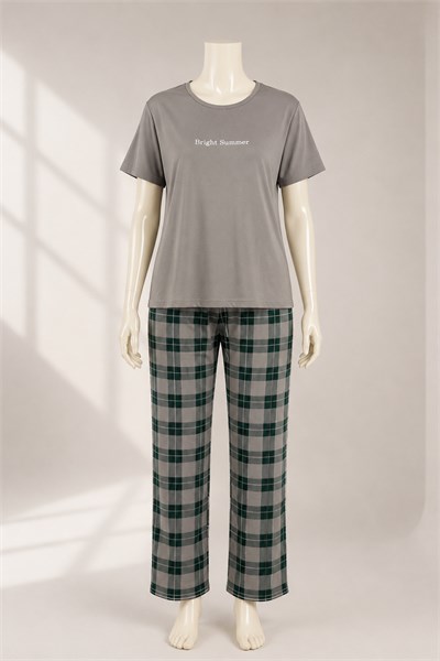 Ekose Pantolonlu Kısa Kollu Pijama Takımı Gri OTW50502