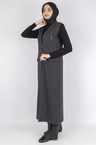 Ekoseli Yelek ve Pantolon İkili Takım Gri OTW2106