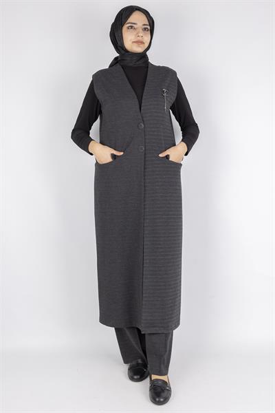Ekoseli Yelek ve Pantolon İkili Takım Gri OTW2106