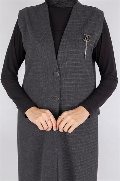 Ekoseli Yelek ve Pantolon İkili Takım Gri OTW2106