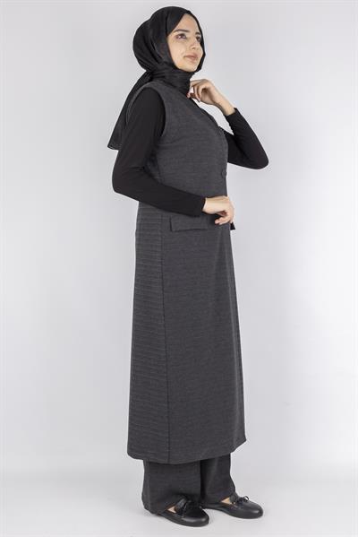 Ekoseli Yelek ve Pantolon İkili Takım Gri OTW2106