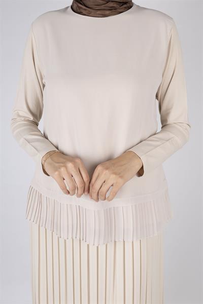 Eteği Şifon Pileli Tunik Krem OTW574