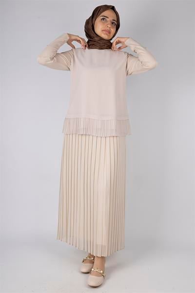 Eteği Şifon Pileli Tunik Krem OTW574