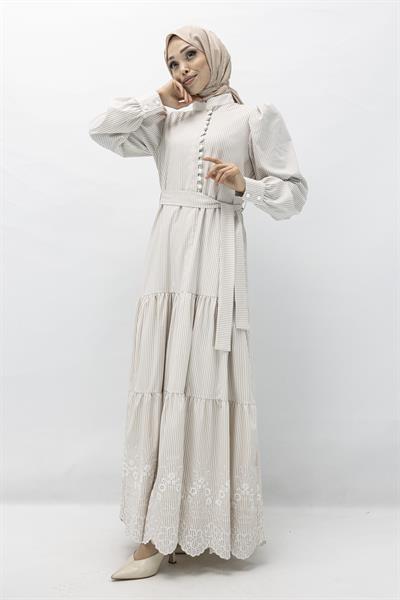 Etek Ucu Güpür Detaylı Elbise Bej OTW13327