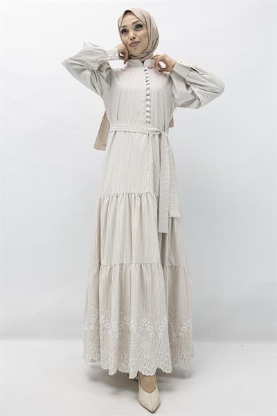 Etek Ucu Güpür Detaylı Elbise Bej OTW13327
