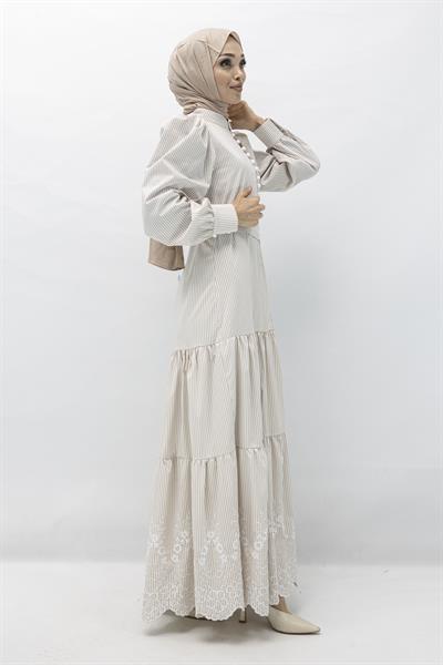 Etek Ucu Güpür Detaylı Elbise Bej OTW13327
