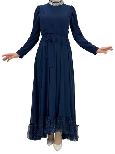 Etek Ucu Güpürlü Abiye Elbise Lacivert OTW4562