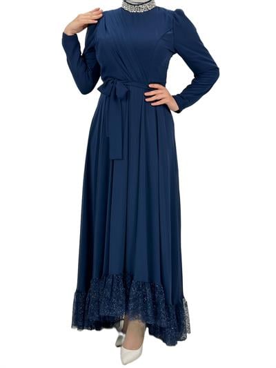 Etek Ucu Güpürlü Abiye Elbise Lacivert OTW4562