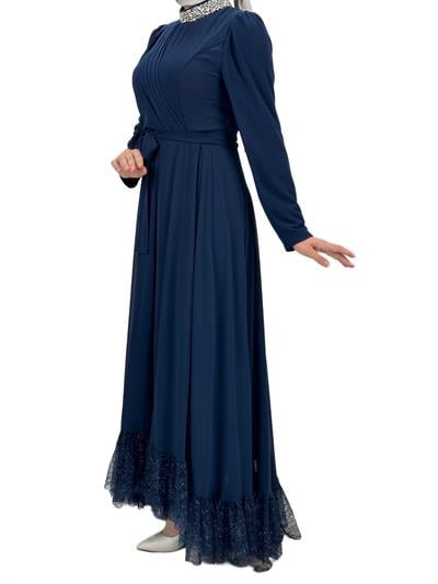 Etek Ucu Güpürlü Abiye Elbise Lacivert OTW4562