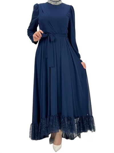 Etek Ucu Güpürlü Abiye Elbise Lacivert OTW4562