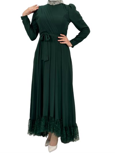 Etek Ucu Güpürlü Abiye Elbise Zümrüt OTW4562