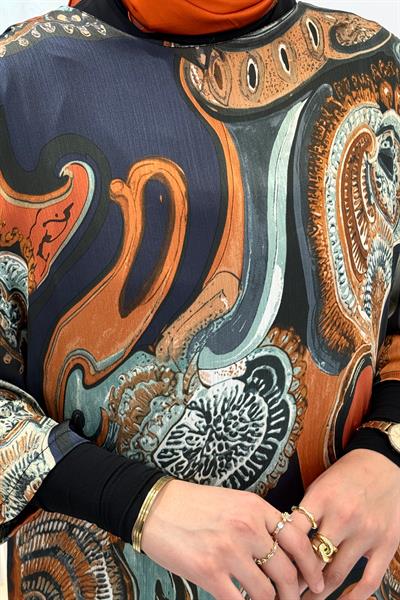 Etnik Desenli Büyük Beden Tesettür Elbise Desenli OTW9646