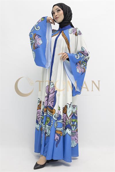 Etnik Desenli Mavi Baskılı  Elbise Bej-Mavi OTW395