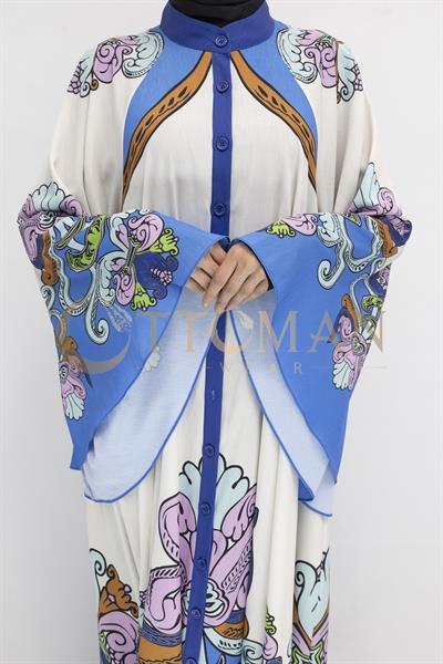 Etnik Desenli Mavi Baskılı  Elbise Bej-Mavi OTW395