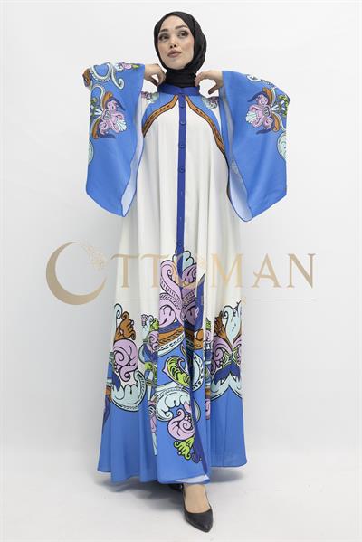 Etnik Desenli Mavi Baskılı  Elbise Bej-Mavi OTW395