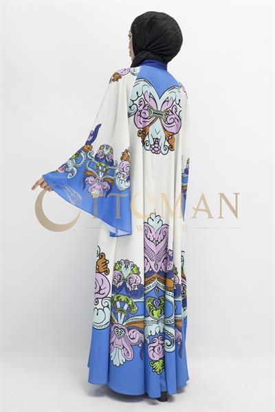 Etnik Desenli Mavi Baskılı  Elbise Bej-Mavi OTW395