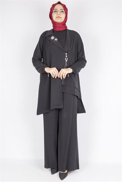 Fermuar ve Broş Detaylı Tunik Pantolon Tesettür İkili Takım Siyah OTW45832