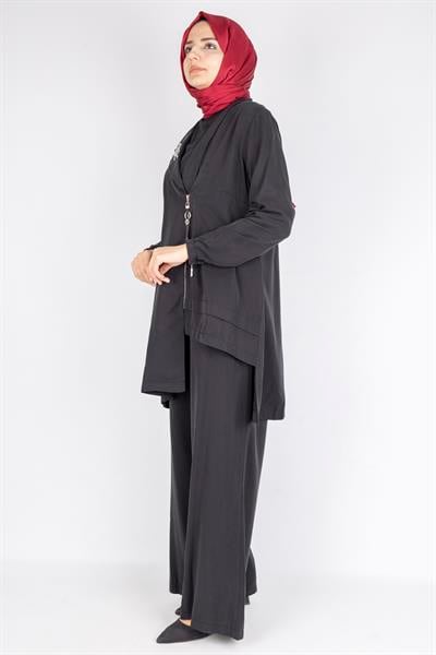 Fermuar ve Broş Detaylı Tunik Pantolon Tesettür İkili Takım Siyah OTW45832