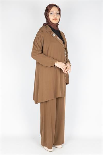 Fermuar ve Broş Detaylı Tunik Pantolon Tesettür İkili Takım Kahve OTW45832