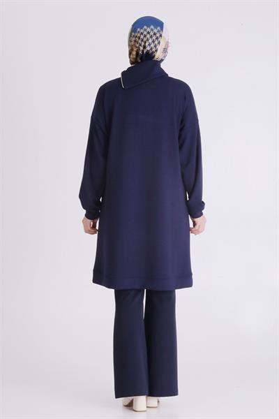 Fermuar ve Taş Detaylı Dik Yaka Tesettür Tunik Lacivert OTW2065