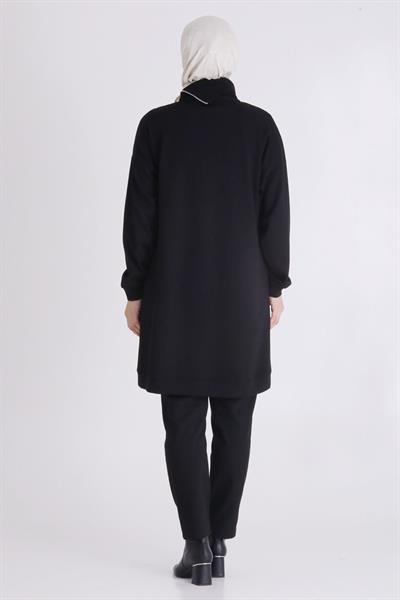 Fermuar ve Taş Detaylı Dik Yaka Tesettür Tunik Siyah OTW2065