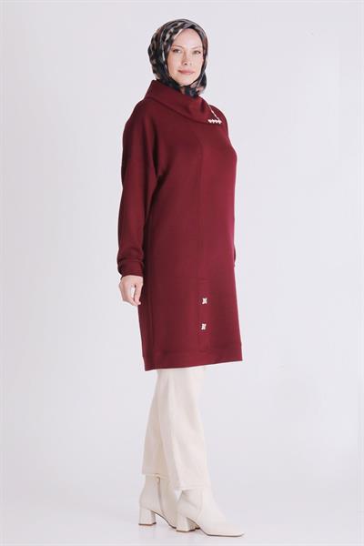 Fermuar ve Taş Detaylı Dik Yaka Tesettür Tunik Vişne OTW2065