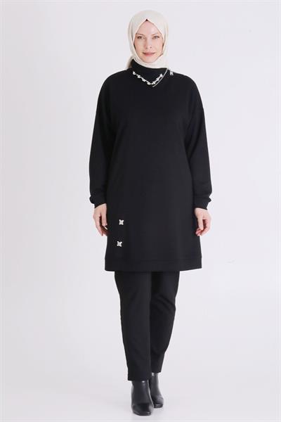 Fermuar ve Taş Detaylı Dik Yaka Tesettür Tunik Siyah OTW2065