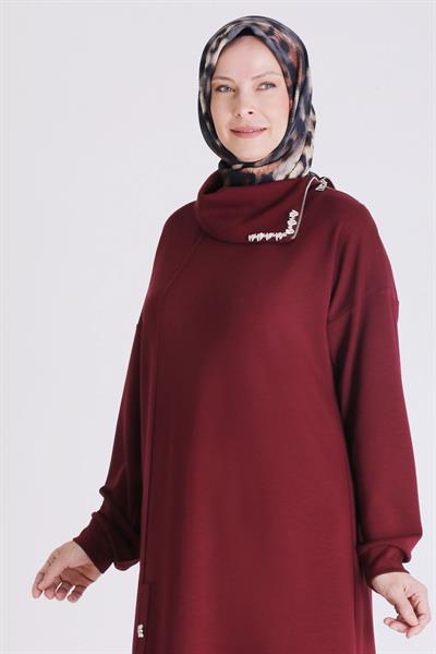 Fermuar ve Taş Detaylı Dik Yaka Tesettür Tunik Vişne OTW2065