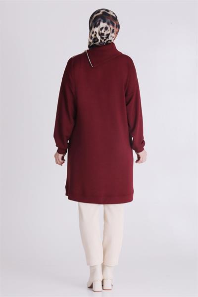 Fermuar ve Taş Detaylı Dik Yaka Tesettür Tunik Vişne OTW2065