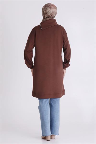 Fermuar ve Taş Detaylı Dik Yaka Tesettür Tunik Kakao OTW2065