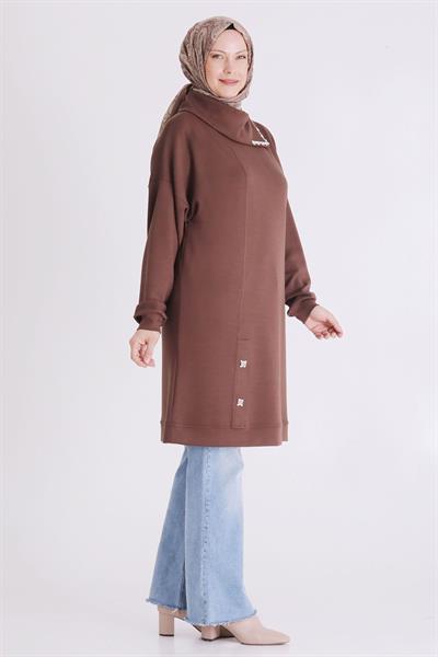 Fermuar ve Taş Detaylı Dik Yaka Tesettür Tunik Kakao OTW2065