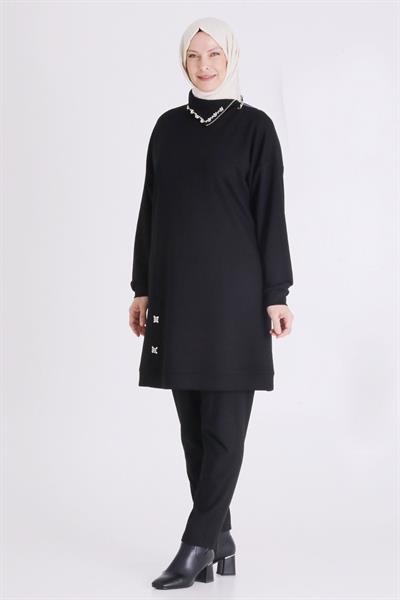 Fermuar ve Taş Detaylı Dik Yaka Tesettür Tunik Siyah OTW2065