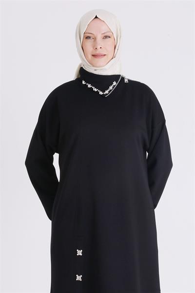 Fermuar ve Taş Detaylı Dik Yaka Tesettür Tunik Siyah OTW2065