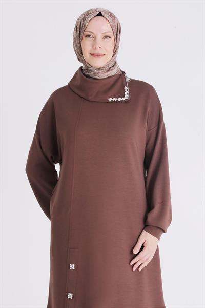 Fermuar ve Taş Detaylı Dik Yaka Tesettür Tunik Kakao OTW2065