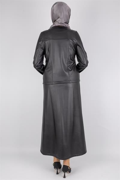 Fermuarlı Deri ve Kadife Detaylı Tesettür Takım Siyah OTW25553