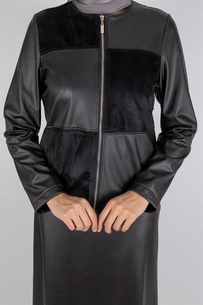 Fermuarlı Deri ve Kadife Detaylı Tesettür Takım Siyah OTW25553