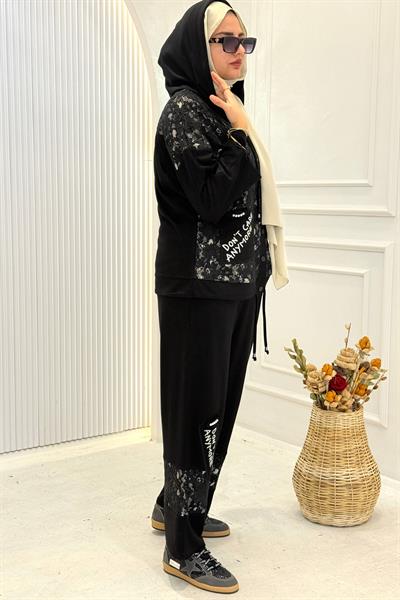 Fermuarlı Kapüşonlu Dantel Detaylı Takım Siyah OTW9858