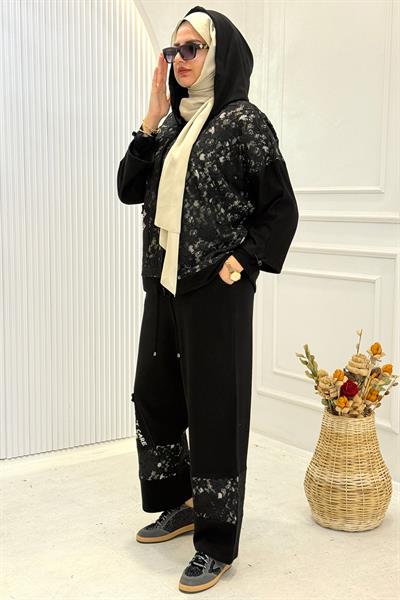 Fermuarlı Kapüşonlu Dantel Detaylı Takım Siyah OTW9858